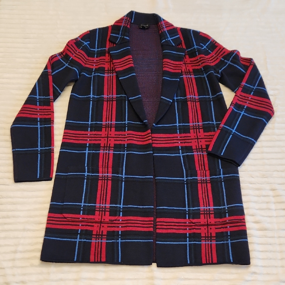 Dark Academia Plaid Open Front Long Cardigan Merino Wool Sweater XS